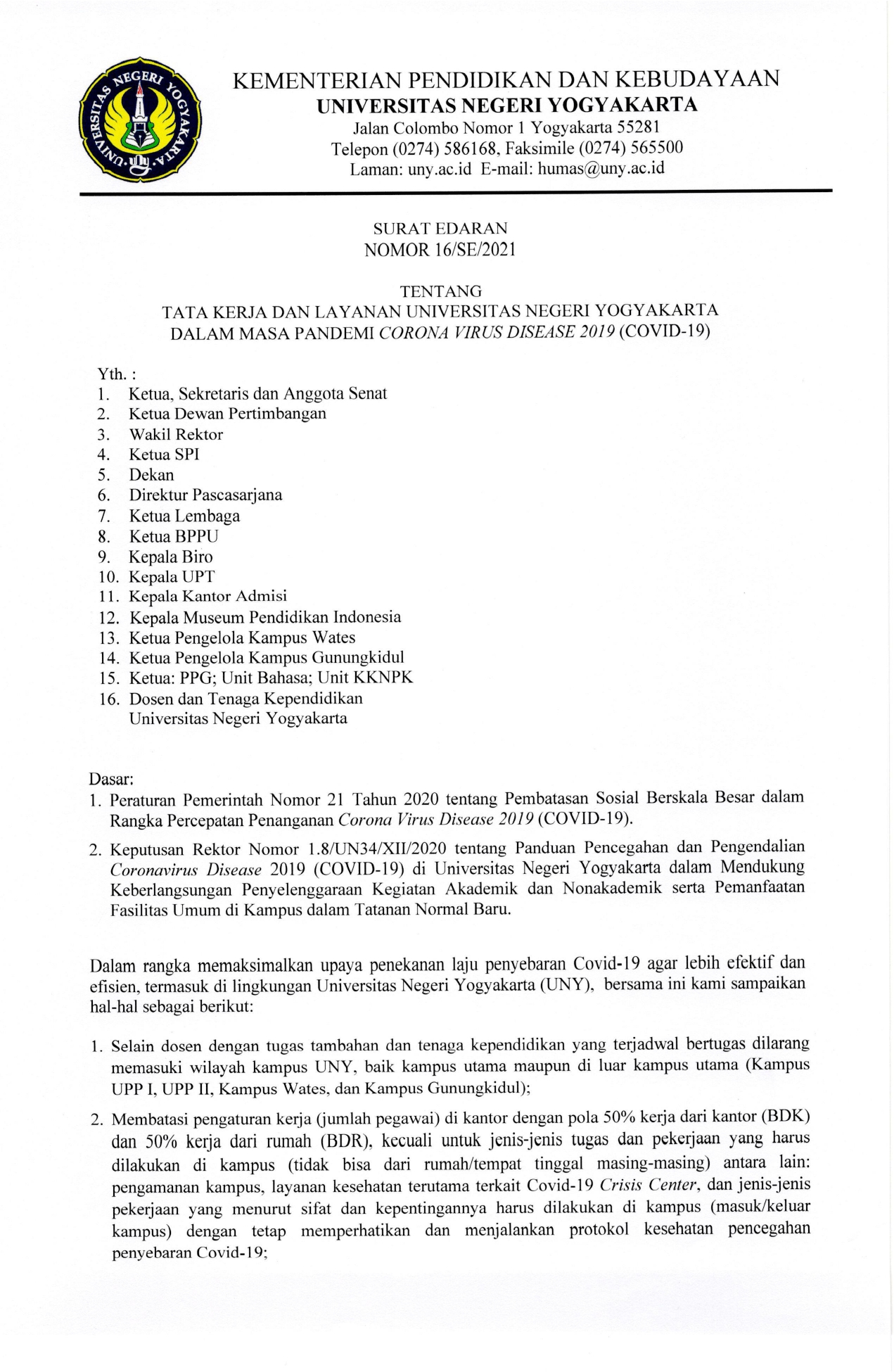 SURAT EDARAN NO. 16/SE/2021 TENTANG TATA KERJA DAN LAYANAN UNY DALAM ...